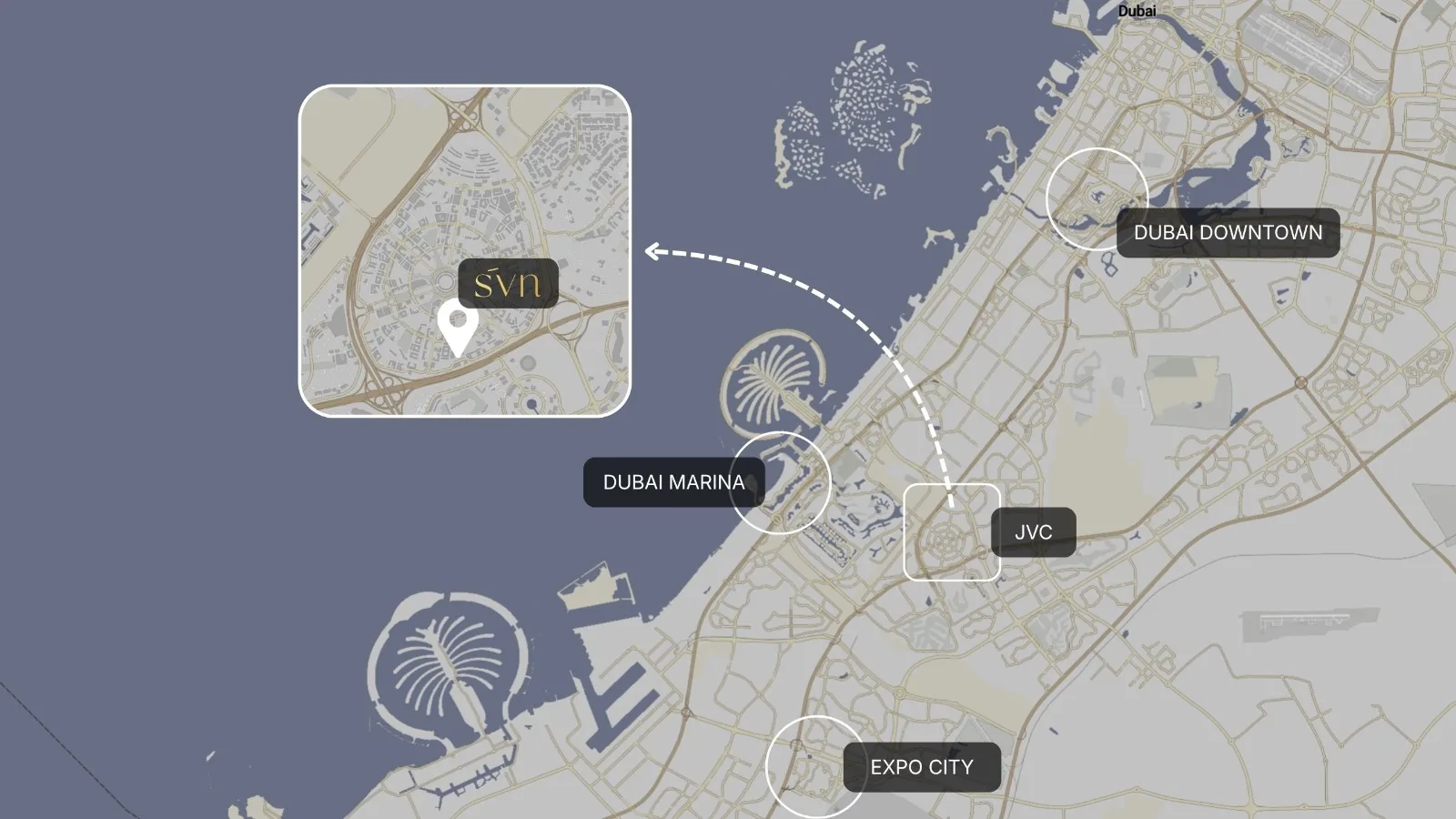 Map showing SVN Urban Living in JVC relative to Dubai Downtown, Dubai Marina and Expo City